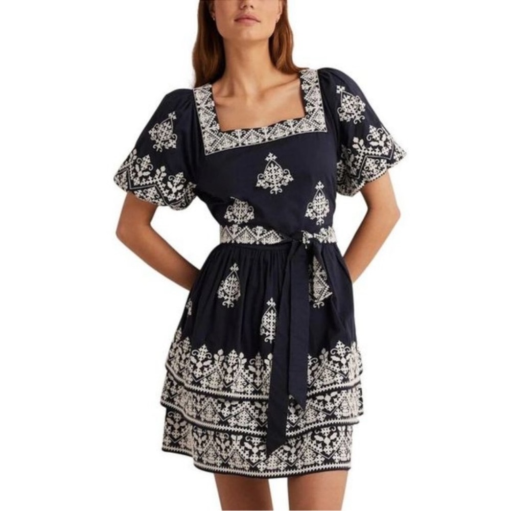 Boden Square Neck Rara Tiered Lace Embroidered Mini Dress Size 6 NWT